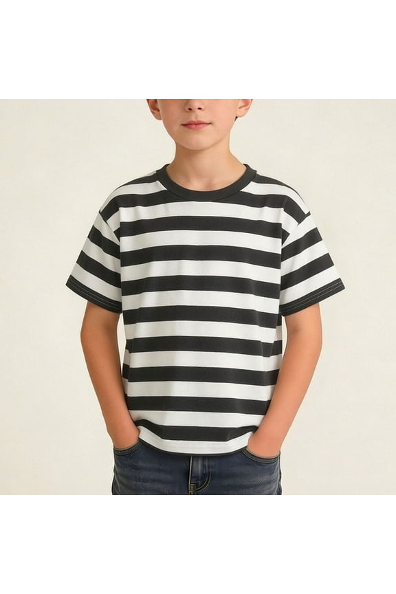 T-Shirt for Boys, Striped Print Round Neck Cotton Kids Fashion Casual Pullover Tops Black Size 3-4T