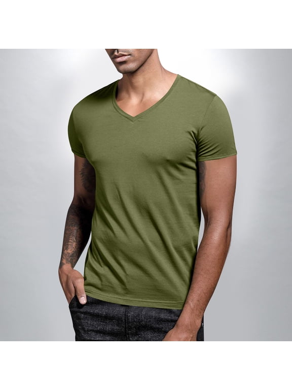 T-Shirt for Mens, Short Sleeve V Neck Solid Color Summer Casual Loose Tee Army Green XL