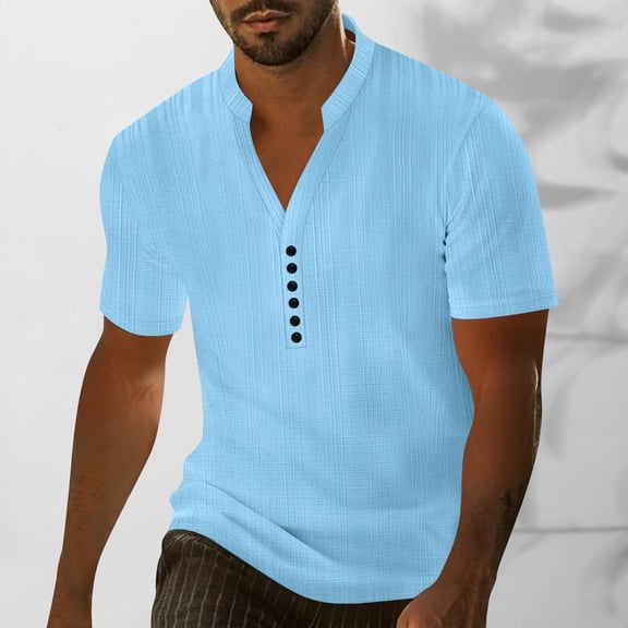 ITSAME T-Shirt for Mens, Solid Color Solid Color Buttons V Neck Summer Causal Breathable Tee Sky Blue S