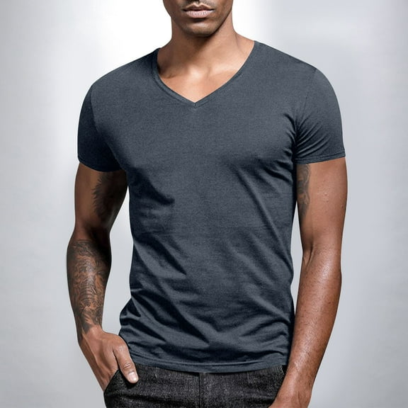 ITSAME T-Shirt for Mens, Solid Color V Neck Short Sleeve Summer Casual Loose Tee Dark Gray L