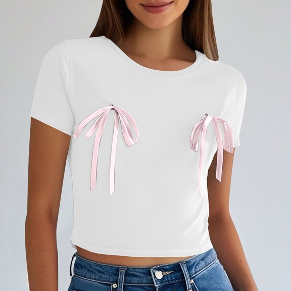 ITSAME T-Shirt for Womens, Crew Neck Short Sleeve Bow New Style Summer Casual Crop Tops White XS
