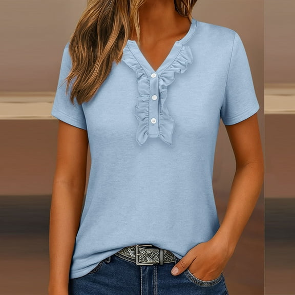 ITSAME T-Shirt for Womens, Short Sleeve Summer Casual Ruffles V Neck Comfy Pullover Blouse Blue 3XL