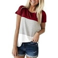 thumbnail image 1 of ITSAME T-Shirt for Womens, Shorts Sleeve Striped Color Block Crew Neck Summer Casual Comfy Blouse Wine 2XL, 1 of 3