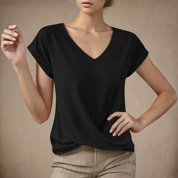 ITSAME T-Shirt for Womens, Solid Color V Neck Short Sleeve Summer Casual Loose Basic Tee Black M
