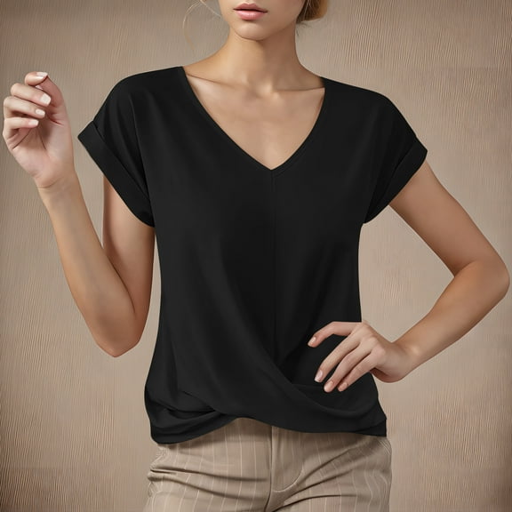 ITSAME T-Shirt for Womens, Solid Color V Neck Short Sleeve Summer Casual Loose Basic Tee Black M