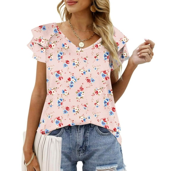 ITSAME T-Shirt for Womens, V Neck Pleated Short Sleeve Floral Prints Summer 2025 Casual Blouse Pink S