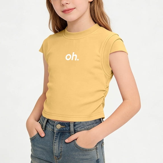 ITSAME T-Shirts for Girls, Letter Print Slim Fit Crewneck Summer Fashion Casual Tops Yellow Size 9-10