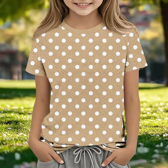 ITSAME T-Shirts for Girls, Polka Dot Print Short Sleeve Round Neck Kids Fashion Casual Breathable Tops Khaki Size 11T