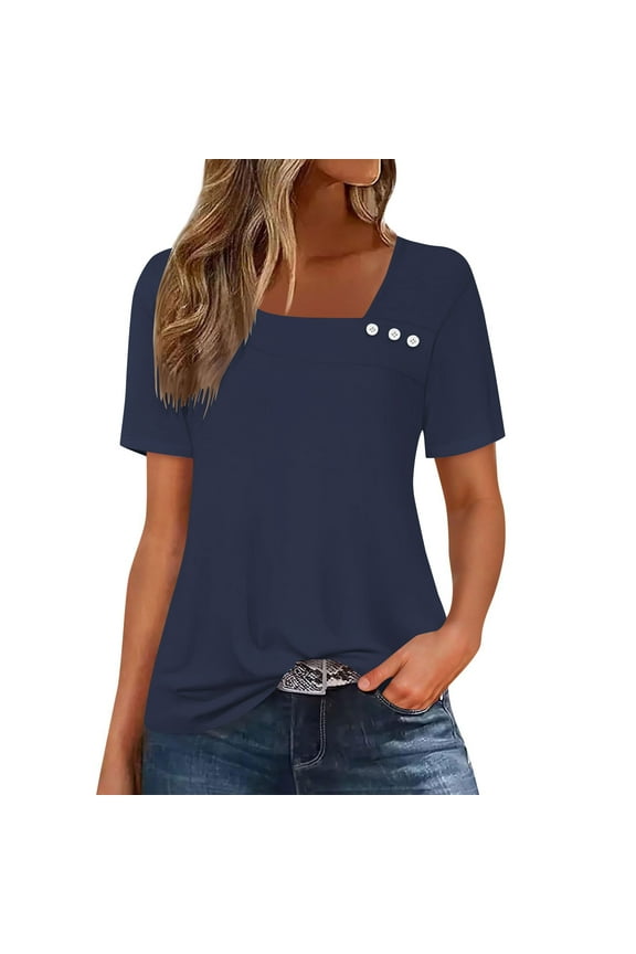 T-Shirts for Womens, Short Sleeve Square Neck Solid Color Summer Basic Casual Tees Navy L