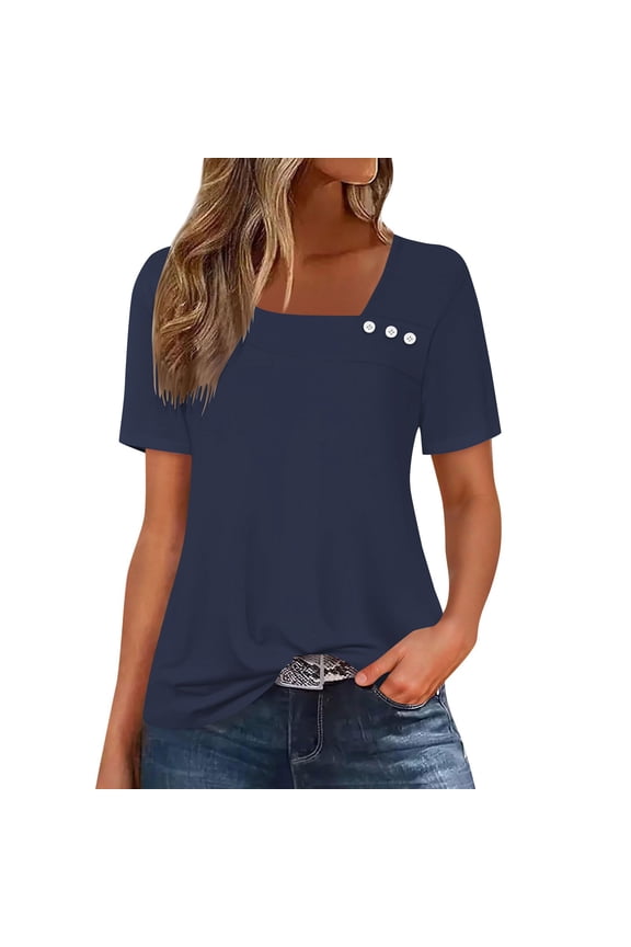 T-Shirts for Womens, Square Neck Short Sleeve Solid Color Summer Basic Casual Tees Navy 3XL