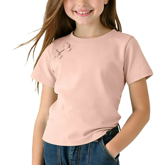 ITSAME T-shirt For Girls, Solid Color Casual Tees Crew Neck Fashion Pullover T-shirt Pink 6-7T