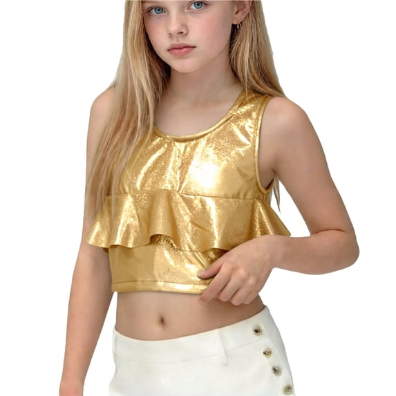 ITSAME Tank Top for Girls, Round Neck Ruffled Sequin Carnival Glitter Party Performance Costumes for Kids Gold 13-14T