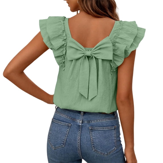 ITSAME Tank Tops for Women Crewneck Ruffle Sleeveless Shirts Back Bow Summer Casual Tops Green Size M