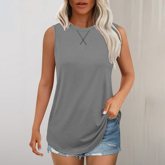 ITSAME Tank Tops for Womens, Curved Hem Crew Neck Loose Fit Summer Flowy Cami Shirts Gray XL