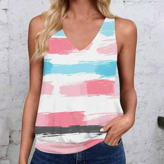 ITSAME Tank Tops for Womens, Fashion Graphic Sleeveless V-Neck Summer Casual Daily Loose Blouse Pink L