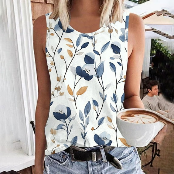 ITSAME Tank Tops for Womens, Floral Crew Neck Plus Size Casual Loose Fit Blouses Multicolor 5XL