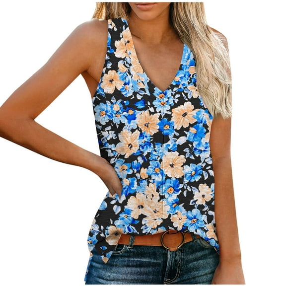 ITSAME Tank Tops for Womens, Floral Sleeveless V Neck Summer Casual Loose Blouse Blue M