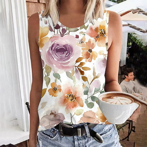 ITSAME Tank Tops for Womens, Loose Fit Floral Plus Size Casual Fashion Blouses Multicolor L