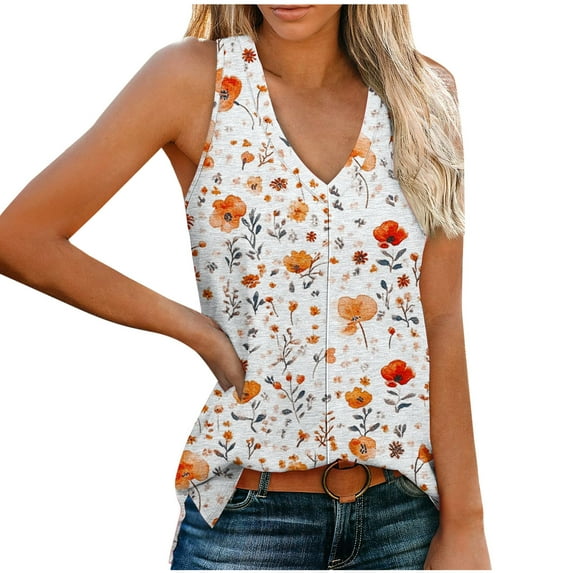ITSAME Tank Tops for Womens, Sleeveless V Neck Floral Summer Casual Loose Blouse Orange XL