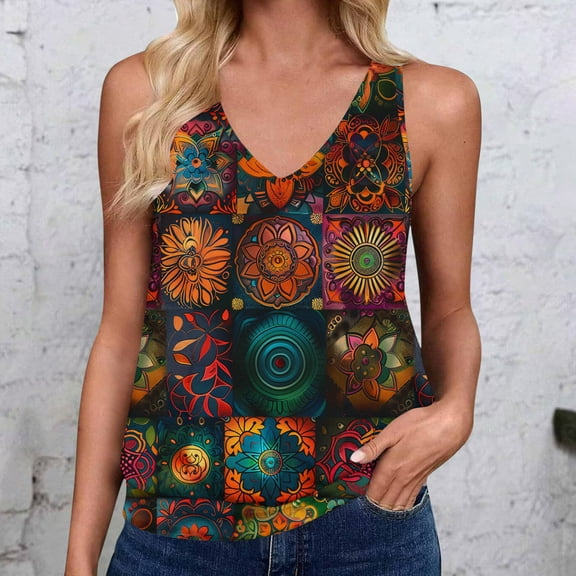 ITSAME Tank Tops for Womens, Sleeveless V-Neck Retro Prints Summer Shirt Casual Loose Blouse Coffee 2XL