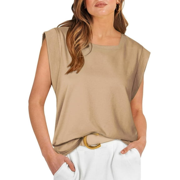 ITSAME Tank Tops for Womens, Square Neck Solid Color Loose Casual Fashion Cami Blouses Khaki L