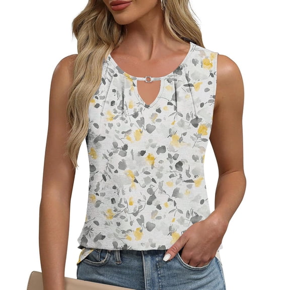 ITSAME Tank Tops for Womens, V-Neck Fashion Elegant Floral Prints Summer Sleeveless Causal Blouse White S