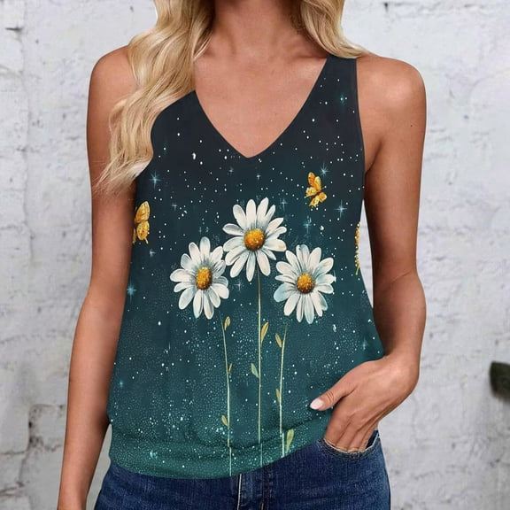ITSAME Tank Tops for Womens, V-Neck Flower Prints Sleeveless Summer Casual Loose Flowy Blouse Green M