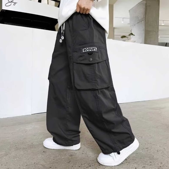 ITSAME Teen Boys Cargo Pants Drawstring Elastic Waist Multi-Pocket Fashion Casual Wide Leg Pants Black Size 11