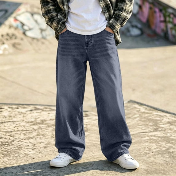 ITSAME Teen Boys Wide Leg Jeans Elastic Waist Loose Fit Casual Fashion Denim Pants with Pockets Sky Blue Size 13