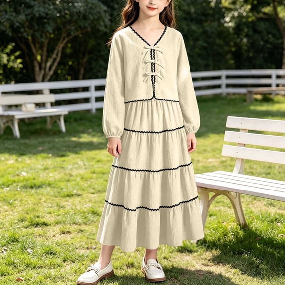 ITSAME Teen Girls Outfits 2-Piece Long Sleeve V-Neck Top and Tiered Skirts Kids Loose Casual Set Beige Size 9-10Y