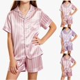 thumbnail image 1 of ITSAME Teen Girls Satin Sleepwear Set Striped Button Down Lapel Top and Shorts Two Piece Loungewear Outfit Size 14, 1 of 7