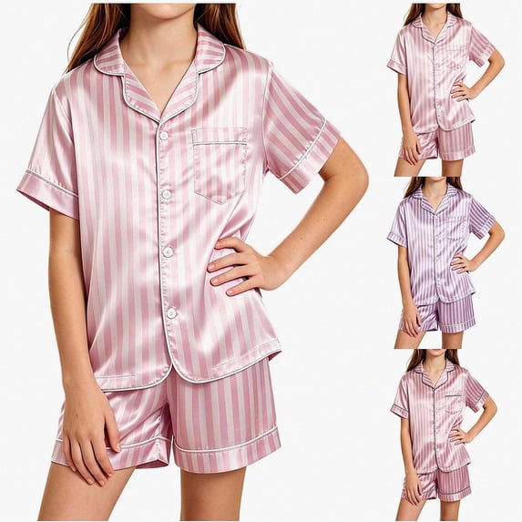 ITSAME Teen Girls Satin Sleepwear Set Striped Button Down Lapel Top and Shorts Two Piece Loungewear Outfit Size 14