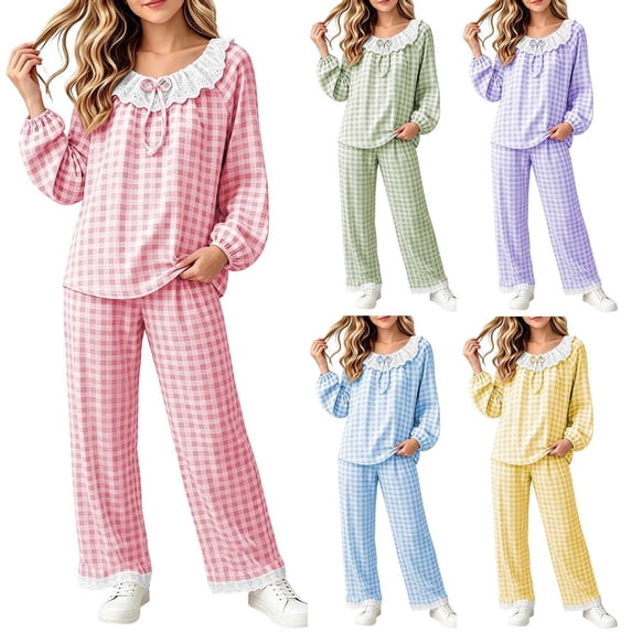 ITSAME Teen Girls Sleepwear Outfits 2-Piece Cotton Plaid Ruffle Long Sleeve Top and Pants Spring Fall Loungewear Set Green Size 14