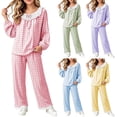thumbnail image 1 of ITSAME Teen Girls Sleepwear Outfits 2-Piece Cotton Plaid Ruffle Long Sleeve Top and Pants Spring Fall Loungewear Set Pink Size 5T, 1 of 9