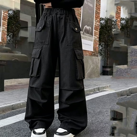 ITSAME Teen Girls Wide Leg Cargo Pants Elastic Waist Multi-Pocket Loose Fit Casual Fashion Full Length Pants Black Size 12