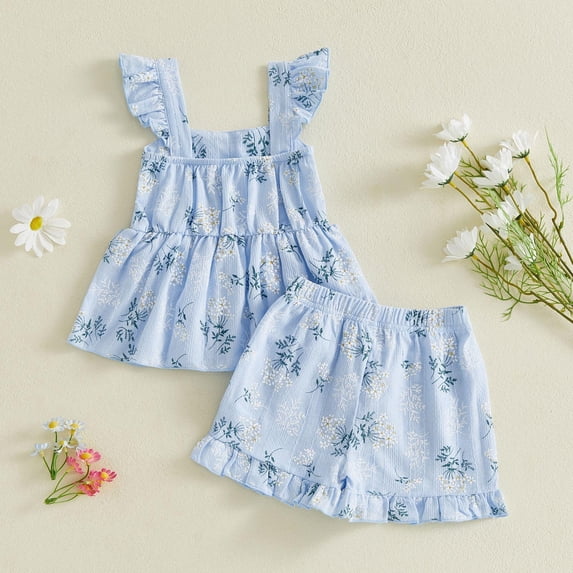 ITSAME Toddler Baby Girls Outfit 2-Piece, Floral Print Ruffled Tank Top and Shorts Summer Fashion Casual Set Blue 6-12M
