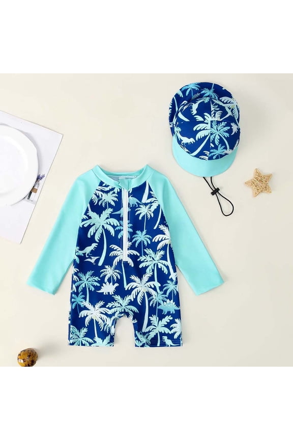 Toddler Boys One-Piece Swimsuit, Quick-Dry Sun Protection with Swim Cap Summer Stylish Beach Swimwear 2-Piece Mint Green 6M