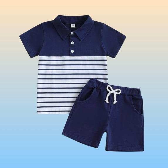 ITSAME Toddler Boys Outfit 2-Piece, Lapel Striped Print Top and Elastic Waist Shorts Summer Casual Fashion Set Blue 3T