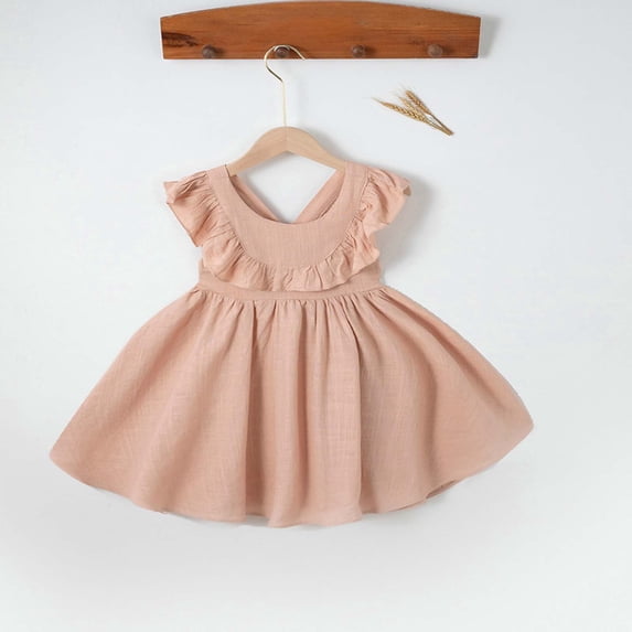 ITSAME Toddler Girls Dresses Cotton Linen Ruffle Sleeveless Summer Loose Casual Dress Pink Size 3-4