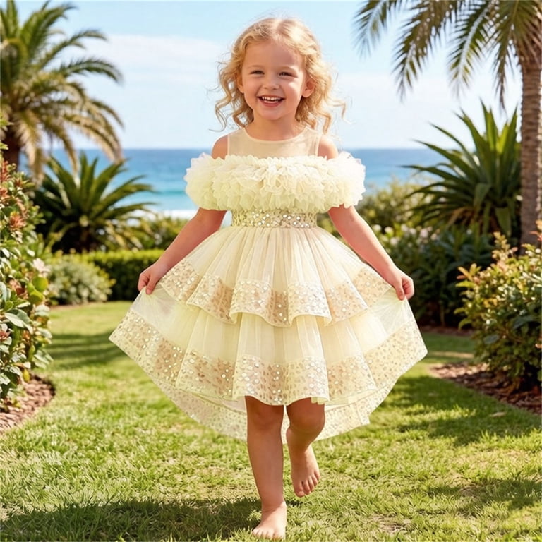 toddler dresses formal Itsame Girls Dress Sequin Tiered Ruffle Puffy Tulle Wedding Pageant Birthday Party Gown Beige Size 1-2, Toddler Girl's, Size: 1-2Years new party dresses for sale