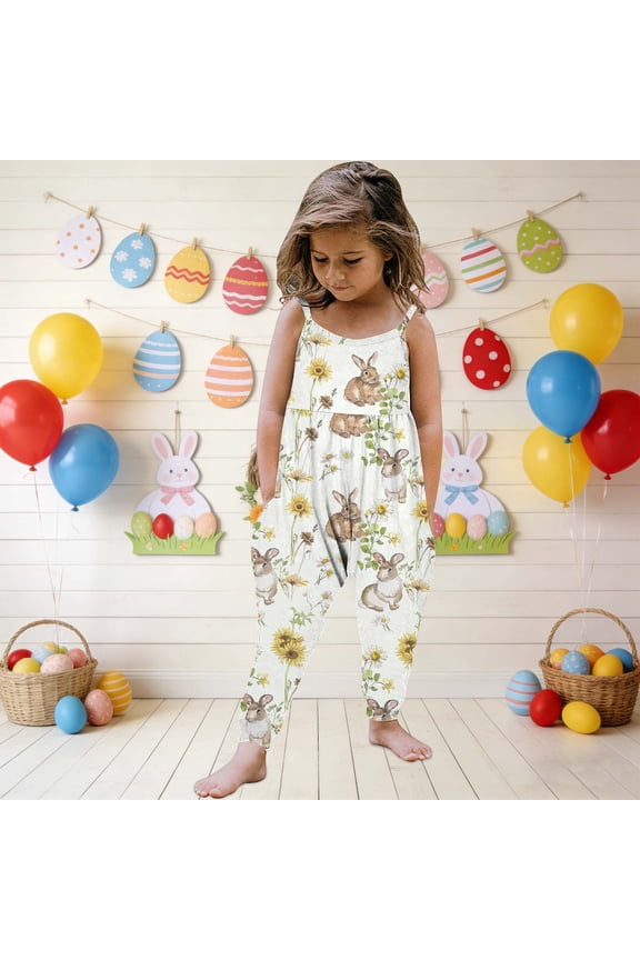 Toddler Girls Jumpsuit, Easter Bunny Print Lightweight Backless Festival Casual Fashion Romper Beige 5T