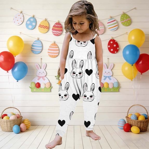 ITSAME Toddler Girls Jumpsuit, Spaghetti Strap Loose Fit Easter Bunny Print Holiday Casual Fashion Romper White 3T