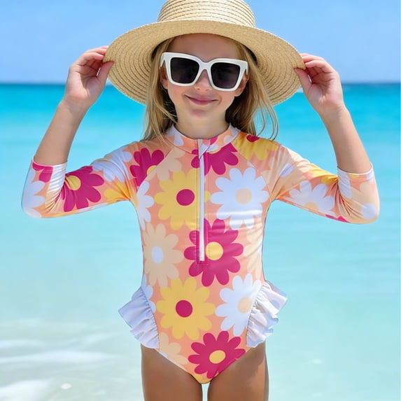 ITSAME Toddler Girls One-Piece Swimsuit, with Zipper Bottom Ruffle Floral Print Pretty Lightweight Beach Swimwear Yellow 1-2T
