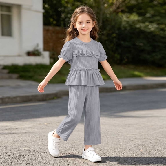 ITSAME Toddler Girls Outfit Set Crewneck Ruffle Top and Pants 2-Piece Summer Loose Casual Clothes Gray Size 5-6