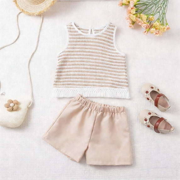 ITSAME Toddler Girls Outfit Set, Striped Print Tank Top and Shorts 2-Piece Summer Fashion Casual Set for Kids Khaki 6-7T