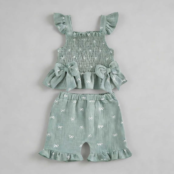 ITSAME Toddler Girls Outfits 2-Piece 100%Cotton Bow Smocked Tank and Ruffle Shorts Casual Clothes Set Green Size 18-24M