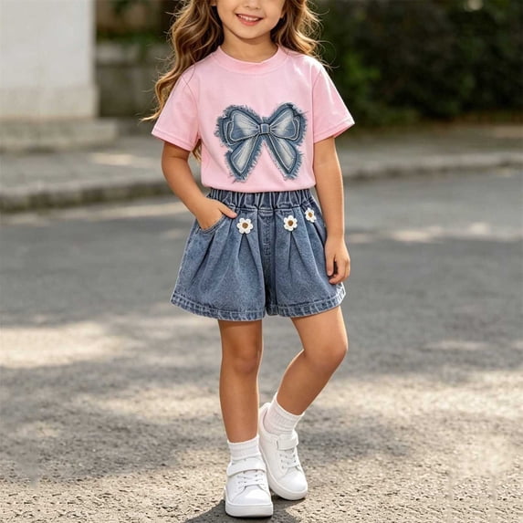 ITSAME Toddler Girls Outfits Bow Crewneck T-Shirt & Denim Shorts 2-Piece Summer Fashion Casual Set Pink Size 2T