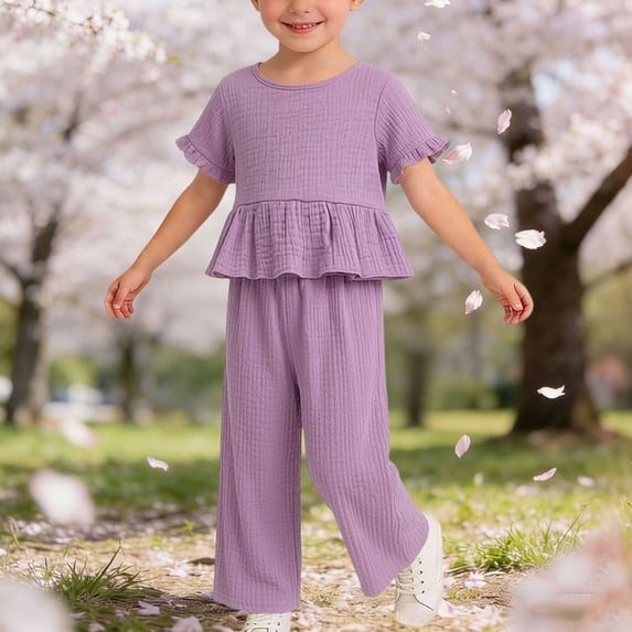 ITSAME Toddler Girls Summer Outfit Set, Ruffle Short Sleeve Tops and Pants Loose Casual Clothes 2-Piece Purple Size 6