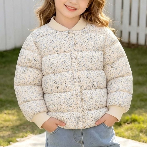 ITSAME Toddler Girls Winter Puffer Jacket Snap Button Cute Print Quilted Lightweight Warm Coat Beige Size 2T