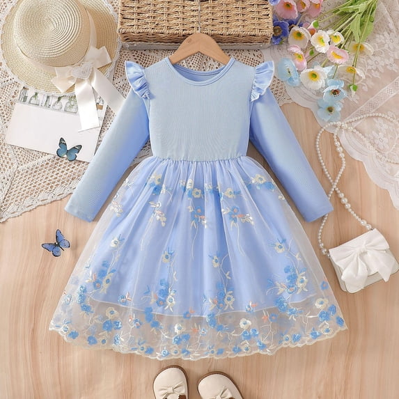 ITSAME Tutu Dress for Girls, Fashion Print Mesh Long Sleeve Princess Dresses Blue 9-10T